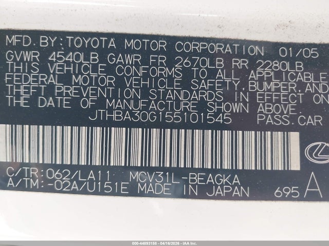 44893158 :رقم المزاد ، JTHBA30G155101545 vin ، 2005 Lexus Es 330 مزاد بيع