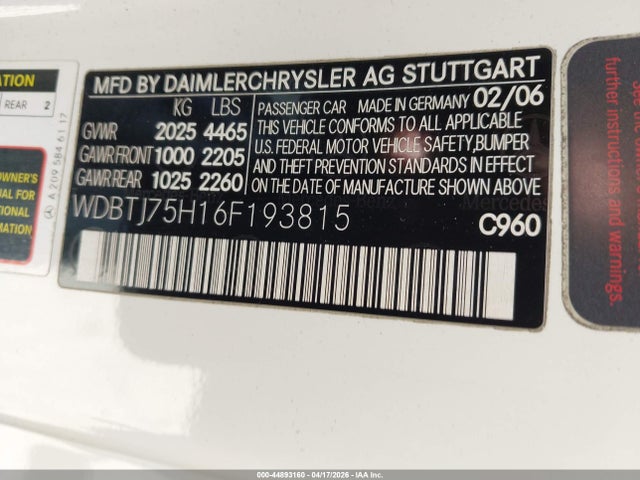 44893160 :رقم المزاد ، WDBTJ75H16F193815 vin ، 2006 Mercedes-benz Clk 500 مزاد بيع