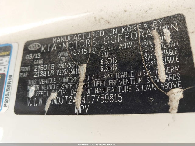 44893170 :رقم المزاد ، KNDJT2A54D7759815 vin ، 2013 Kia Soul مزاد بيع