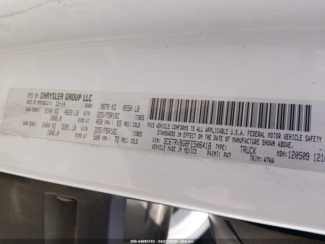 44893182 :رقم المزاد ، 3C6TRVBG8FE506418 vin ، 2015 Ram Promaster 1500 مزاد بيع