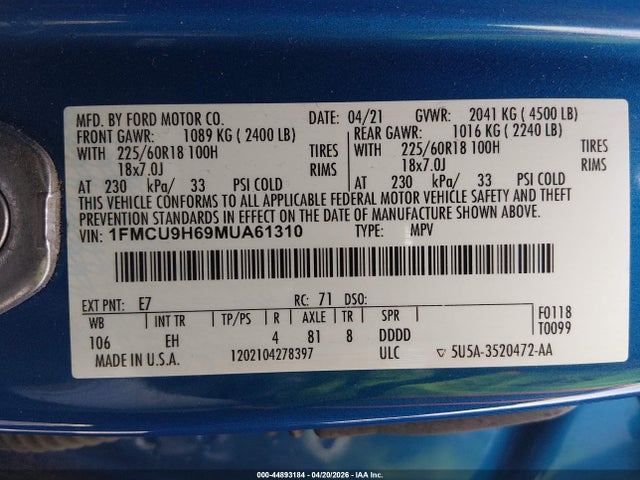 1FMCU9H69MUA61310 Ford ESCAPE SEL