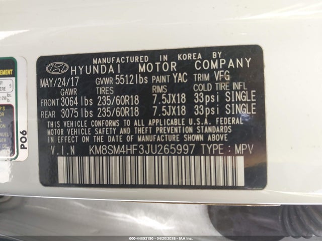 Aukcja sprzedaży 2018 Hyundai Santa Fe Se, vin: KM8SM4HF3JU265997, numer aukcji: 44893190