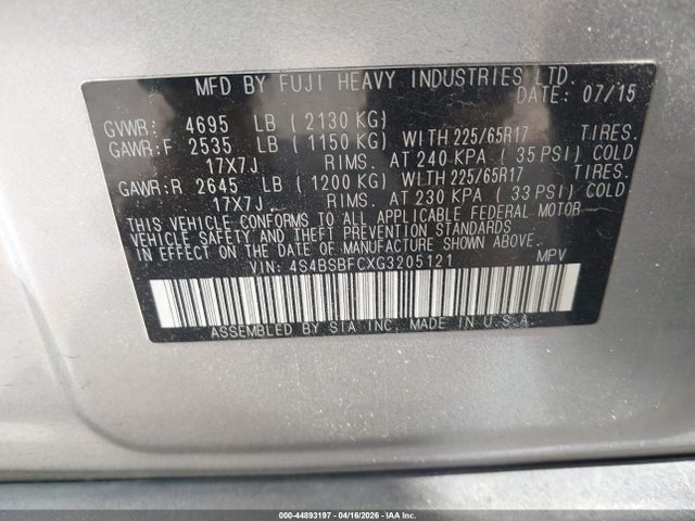 Aukcja sprzedaży 2016 Subaru Outback 2.5i Premium, vin: 4S4BSBFCXG3205121, numer aukcji: 44893197