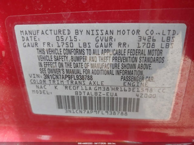 Auction sale of the 2015 Nissan Versa 1.6 Sv, vin: 3N1CN7AP9FL938788, lot number: 44893203