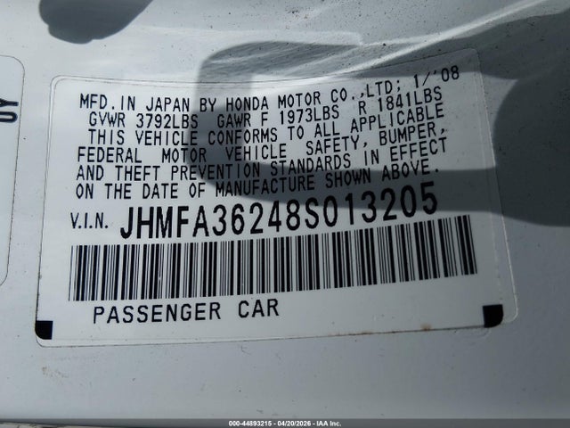 Продажа на аукционе авто 2008 Honda Civic Hybrid, vin: JHMFA36248S013205, номер лота: 44893215