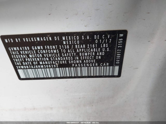 Продаж на аукціоні авто 2017 Volkswagen Jetta 1.4t Se, vin: 3VWDB7AJ8HM308292, номер лоту: 44893227