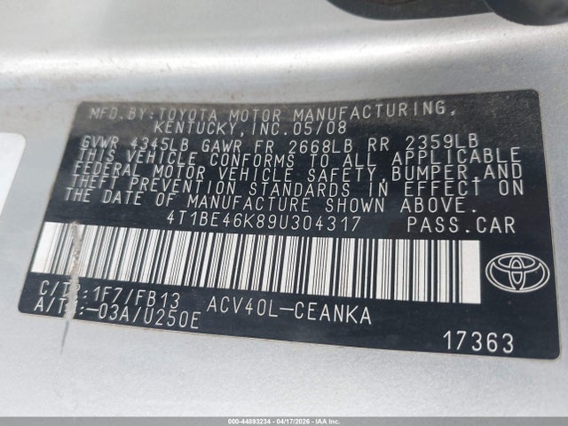 Aukcja sprzedaży 2009 Toyota Camry, vin: 4T1BE46K89U304317, numer aukcji: 44893234
