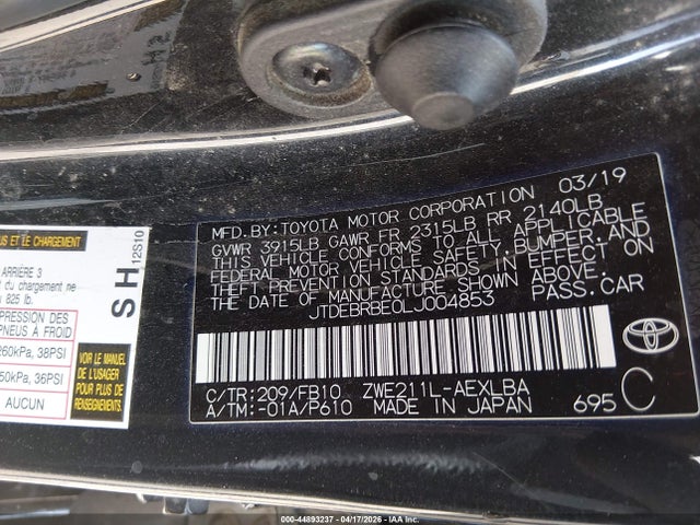 Aukcja sprzedaży 2020 Toyota Corolla Hybrid Le, vin: JTDEBRBE0LJ004853, numer aukcji: 44893237