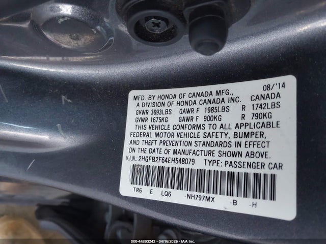 44893242 :رقم المزاد ، 2HGFB2F64EH548079 vin ، 2014 Honda Civic Hf مزاد بيع