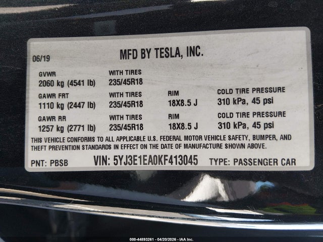 Aukcja sprzedaży 2019 Tesla Model 3 Long Range/mid Range/standard Range/standard Range Plus, vin: 5YJ3E1EA0KF413045, numer aukcji: 44893261