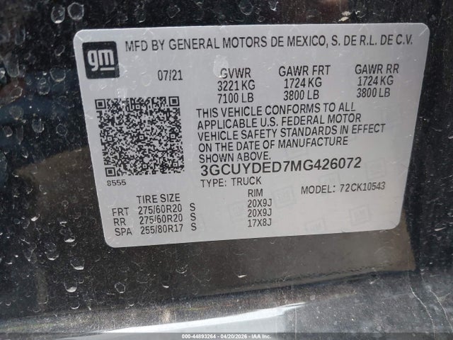 44893264 :رقم المزاد ، 3GCUYDED7MG426072 vin ، 2021 Chevrolet Silverado 1500 4wd  Short Bed Lt مزاد بيع