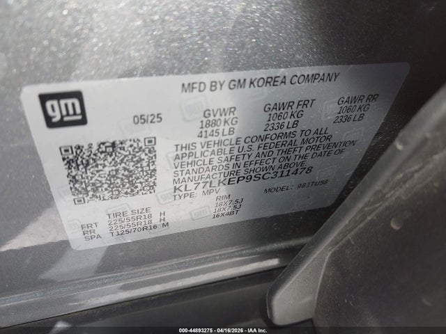 2025 Chevrolet Trax Fwd Activ მანქანა იყიდება აუქციონზე, vin: KL77LKEP9SC311478, აუქციონის ნომერი: 44893275