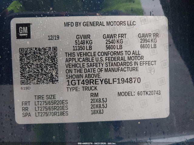 Aukcja sprzedaży 2020 Gmc Sierra 2500hd 4wd  Standard Bed Denali, vin: 1GT49REY6LF194870, numer aukcji: 44893276