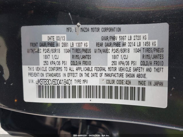 Продаж на аукціоні авто 2013 Mazda Cx-9 Touring, vin: JM3TB3CV6D0418401, номер лоту: 44893281
