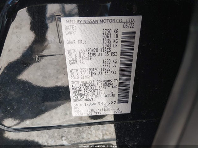 44893300 :رقم المزاد ، 5N1DL1HU6NC342527 vin ، 2022 Infiniti Qx60 Autograph Awd مزاد بيع
