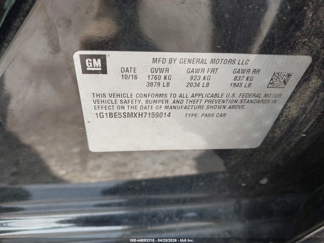 44893318 :رقم المزاد ، 1G1BE5SMXH7159014 vin ، 2017 Chevrolet Cruze Lt Auto مزاد بيع