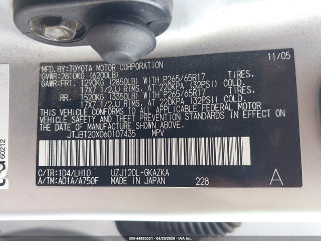 44893321 :رقم المزاد ، JTJBT20X060107435 vin ، 2006 Lexus Gx 470 مزاد بيع