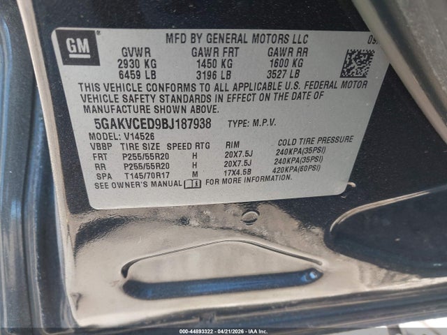2011 Buick Enclave 2xl მანქანა იყიდება აუქციონზე, vin: 5GAKVCED9BJ187938, აუქციონის ნომერი: 44893322