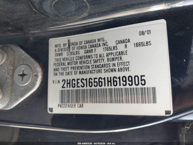 Продаж на аукціоні авто 2001 Honda Civic Lx, vin: 2HGES16561H619905, номер лоту: 44893326