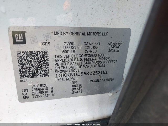 44893334 :رقم المزاد ، 1GKKNULS5KZ252151 vin ، 2019 Gmc Acadia Slt-1 مزاد بيع