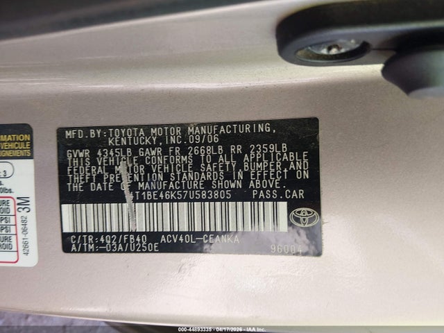 2007 Toyota Camry Ce მანქანა იყიდება აუქციონზე, vin: 4T1BE46K57U583805, აუქციონის ნომერი: 44893335