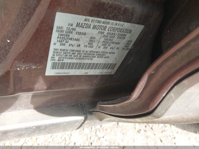 2001 Mazda Tribute Es V6/lx V6 მანქანა იყიდება აუქციონზე, vin: 4F2YU08141KM37218, აუქციონის ნომერი: 44893342
