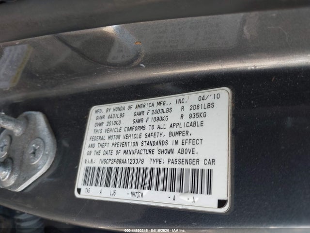 Продажа на аукционе авто 2010 Honda Accord 2.4 Ex-l, vin: 1HGCP2F88AA123379, номер лота: 44893345