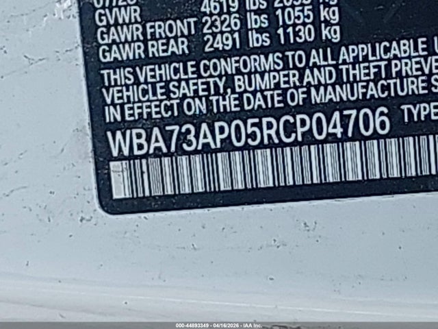 2024 Bmw 430i Xdrive მანქანა იყიდება აუქციონზე, vin: WBA73AP05RCP04706, აუქციონის ნომერი: 44893349