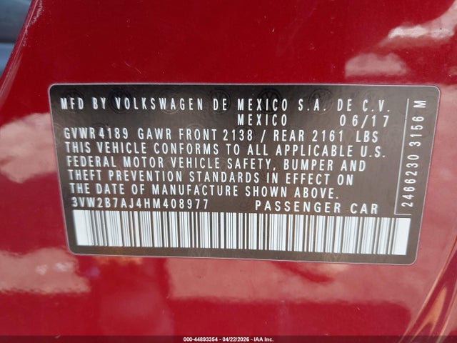 Продажа на аукционе авто 2017 Volkswagen Jetta 1.4t S, vin: 3VW2B7AJ4HM408977, номер лота: 44893354