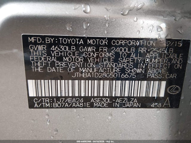 Продажа на аукционе авто 2016 Lexus Is 200t, vin: JTHBA1D28G5016675, номер лота: 44893366
