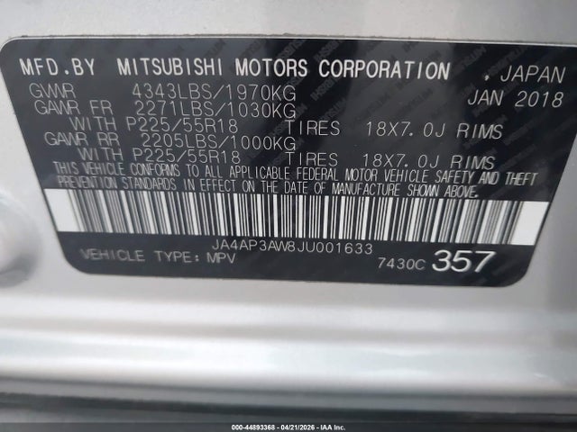 44893368 :رقم المزاد ، JA4AP3AW8JU001633 vin ، 2018 Mitsubishi Outlander Sport 2.4 Se مزاد بيع