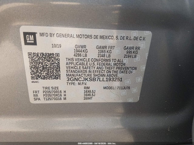 3GNCJKSB7LL193251 Chevrolet Trax Fwd Ls