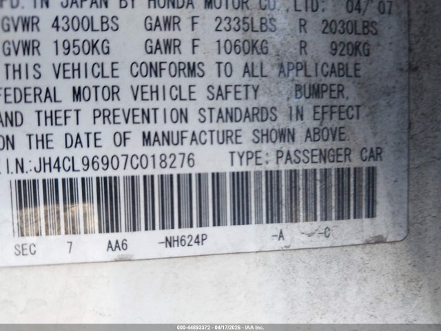 Aukcja sprzedaży 2007 Acura Tsx, vin: JH4CL96907C018276, numer aukcji: 44893372