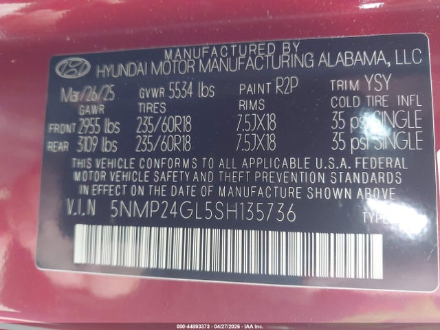Aukcja sprzedaży 2025 Hyundai Santa Fe Sel, vin: 5NMP24GL5SH135736, numer aukcji: 44893373