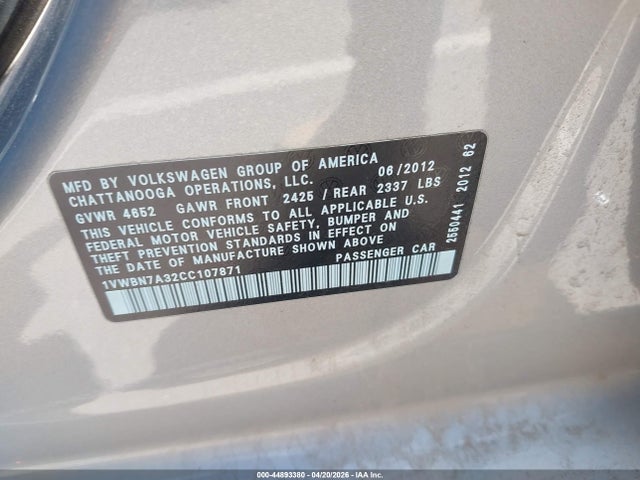 44893380 :رقم المزاد ، 1VWBN7A32CC107871 vin ، 2012 Volkswagen Passat 2.0l Tdi Se مزاد بيع
