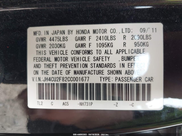 Продаж на аукціоні авто 2012 Acura Tsx 2.4, vin: JH4CU2F82CC001677, номер лоту: 44893383