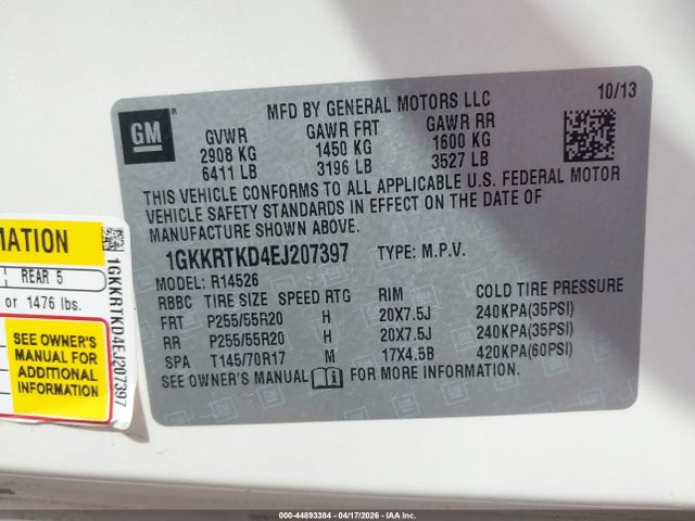 Auction sale of the 2014 Gmc Acadia Denali, vin: 1GKKRTKD4EJ207397, lot number: 44893384