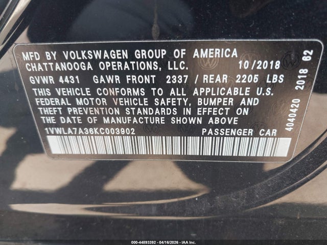 44893392 :رقم المزاد ، 1VWLA7A36KC003902 vin ، 2019 Volkswagen Passat 2.0t Wolfsburg Edition مزاد بيع