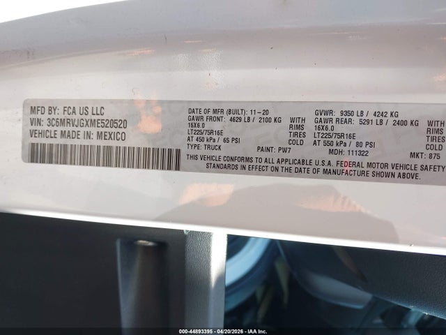 Продаж на аукціоні авто 2021 Ram Promaster 3500 Cargo Van High Roof 159 Wb Ext, vin: 3C6MRVJGXME520520, номер лоту: 44893395