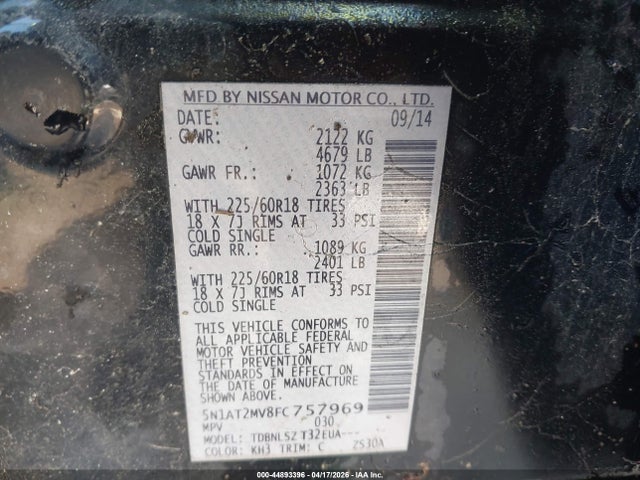 44893396 :رقم المزاد ، 5N1AT2MV8FC757969 vin ، 2015 Nissan Rogue Sl مزاد بيع