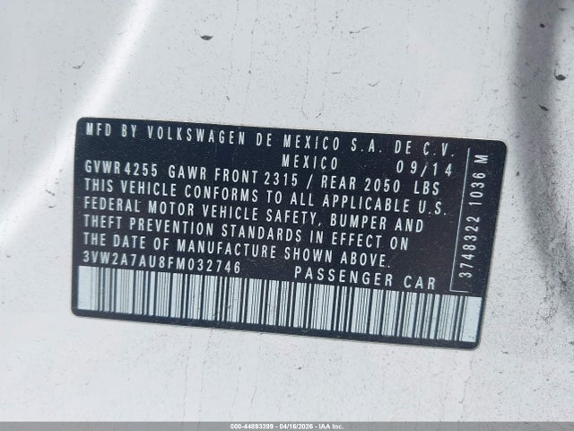 44893399 :رقم المزاد ، 3VW2A7AU8FM032746 vin ، 2015 Volkswagen Golf Tdi S 4-door مزاد بيع