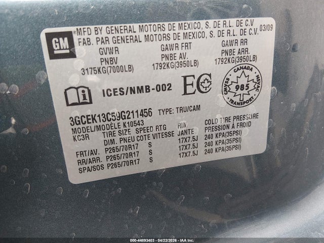 Продаж на аукціоні авто 2009 Chevrolet Silverado 1500 Ls/work Truck, vin: 3GCEK13C59G211456, номер лоту: 44893403
