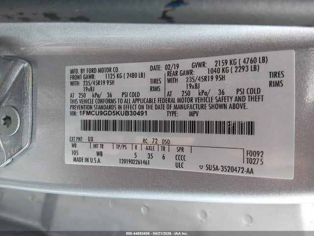 Aukcja sprzedaży 2019 Ford Escape Se, vin: 1FMCU9GD5KUB30491, numer aukcji: 44893406