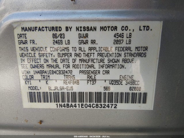 2004 Nissan Maxima 3.5 Sl მანქანა იყიდება აუქციონზე, vin: 1N4BA41E04C832472, აუქციონის ნომერი: 44893408