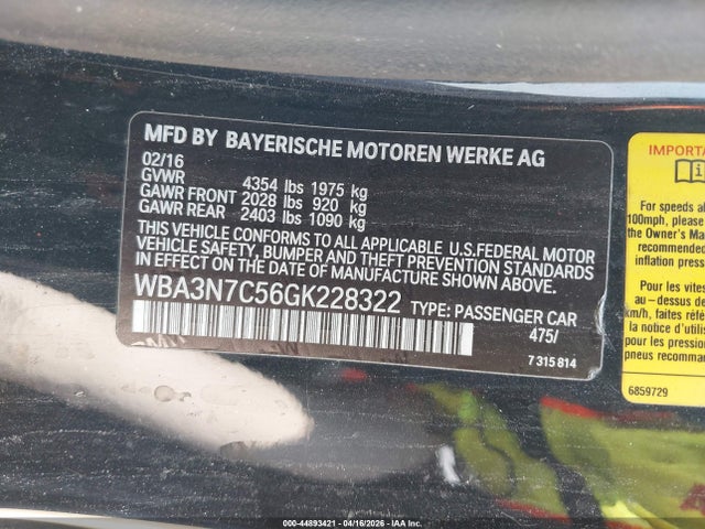 44893421 :رقم المزاد ، WBA3N7C56GK228322 vin ، 2016 Bmw 428i مزاد بيع