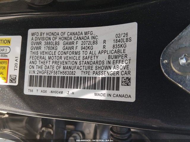 Продажа на аукционе авто 2026 Honda Civic Sport, vin: 2HGFE2F58TH563082, номер лота: 44893428