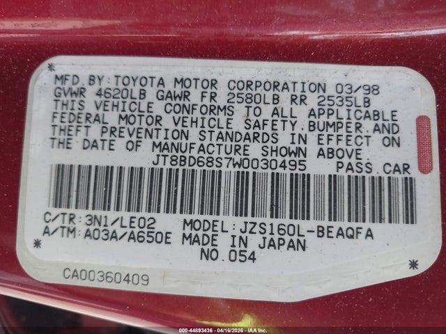 Продаж на аукціоні авто 1998 Lexus Gs 300, vin: JT8BD68S7W0030495, номер лоту: 44893436