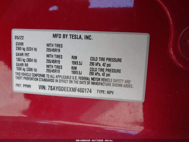 7SAYGDEEXNF460174 Tesla Model Y Long Range Dual Motor All-wheel Drive