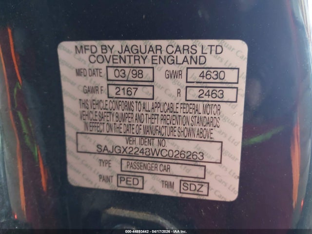 Aukcja sprzedaży 1998 Jaguar Xk8, vin: SAJGX2248WC026263, numer aukcji: 44893442