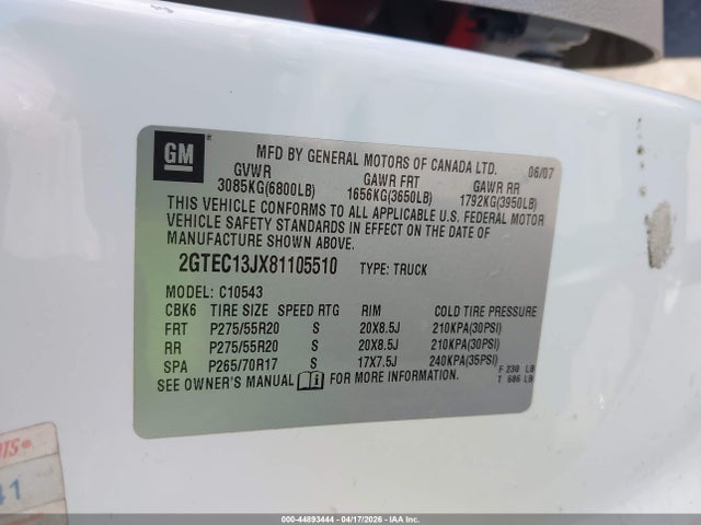 Aukcja sprzedaży 2008 Gmc Sierra 1500 Slt, vin: 2GTEC13JX81105510, numer aukcji: 44893444